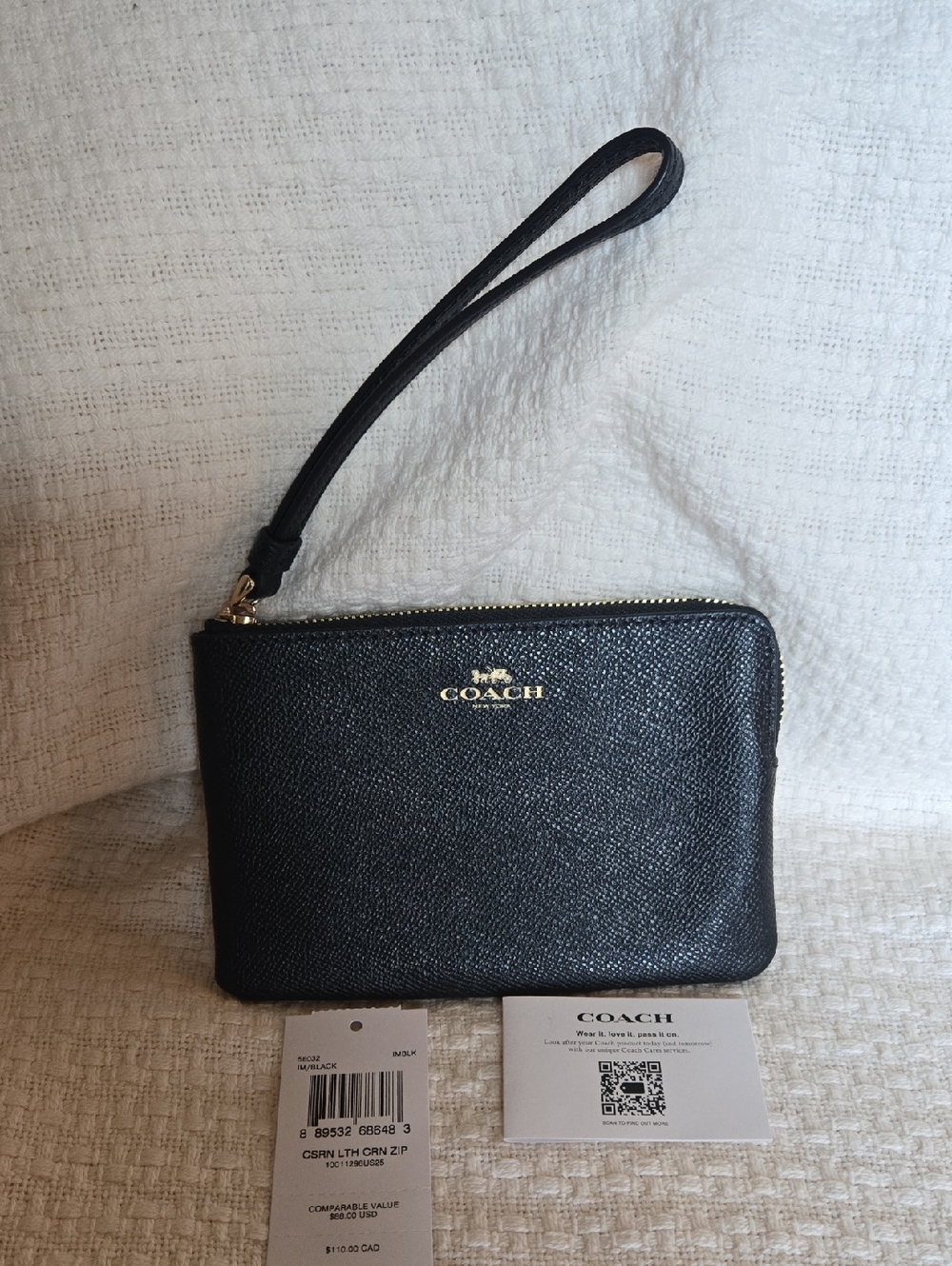 Coach Black Pebbled Leather Wristlet with Gold Logo